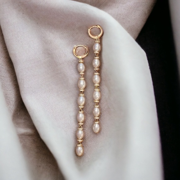 Long Gold Dangle Earrings White Pearls on Huggie Hoops-Like new! Great Gift! - Picture 11 of 15